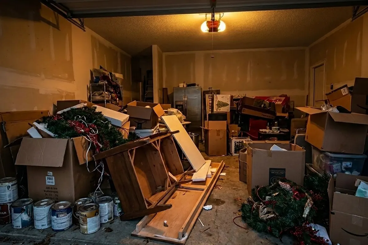 Cluttered garage before Peachy Clean