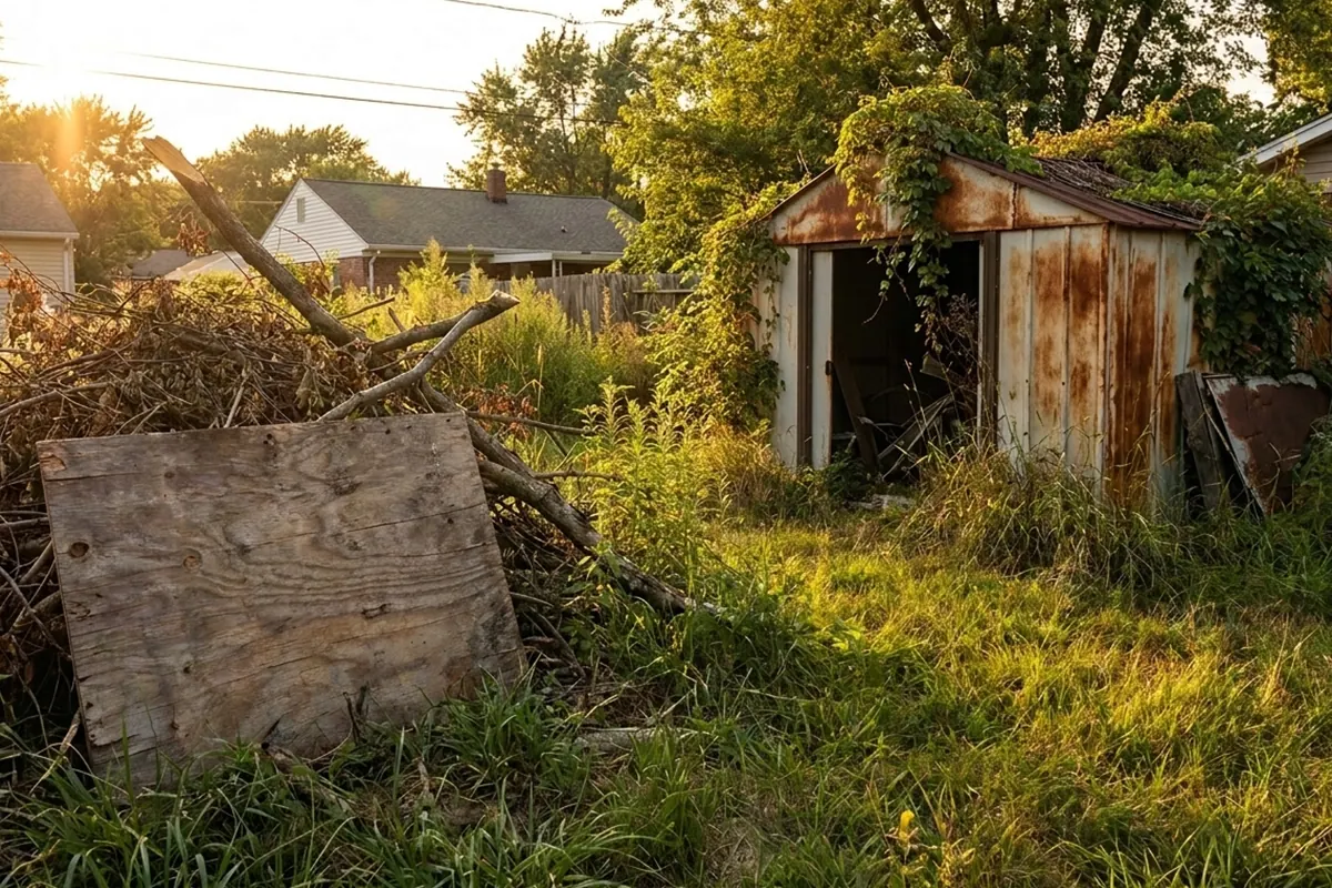 Overgrown backyard before land clearing